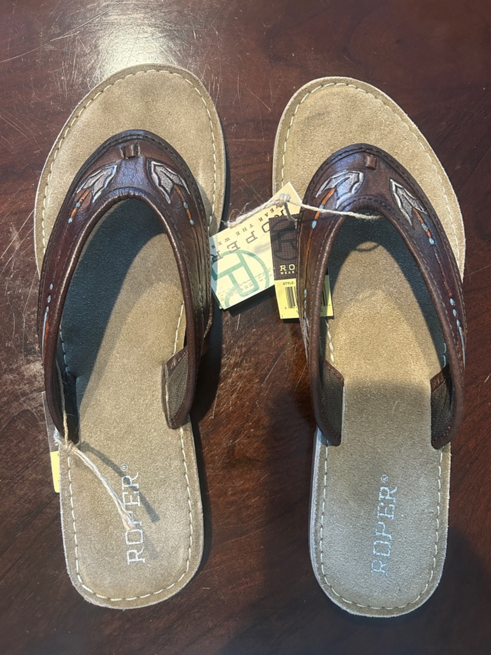 Roper Brown Leather Western Embroidered Flip Flops